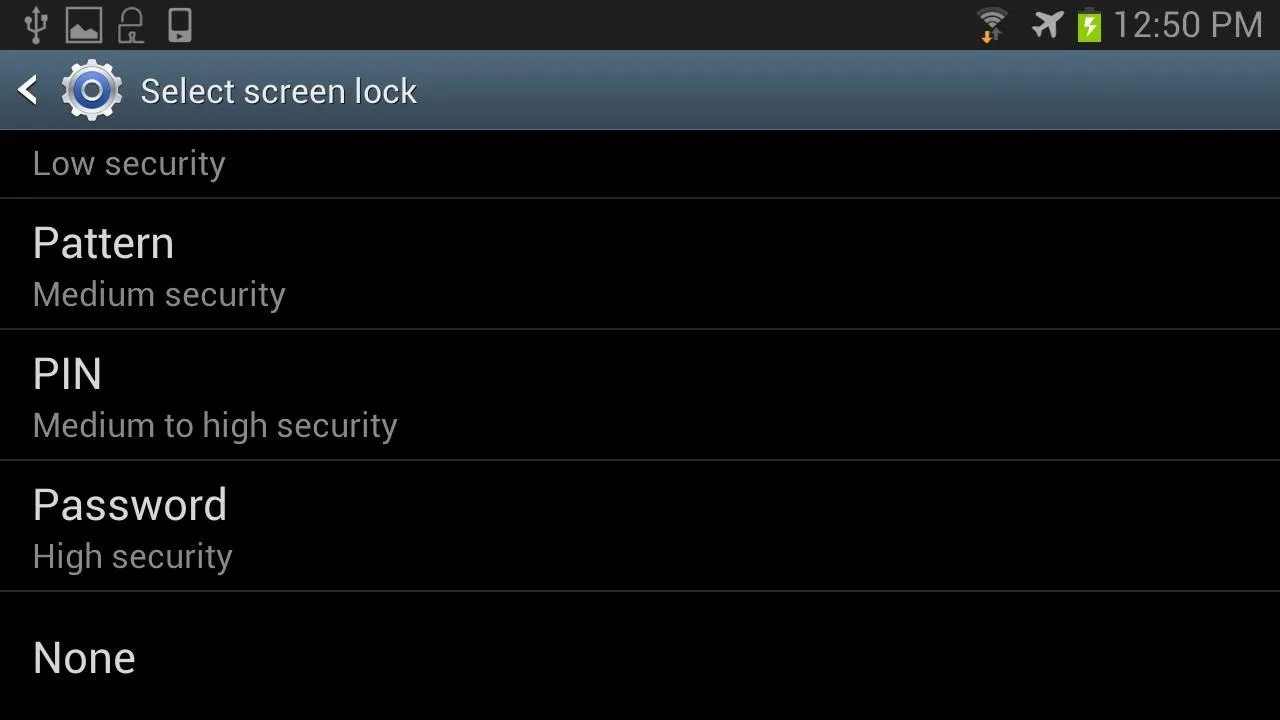 Select screen lock options: Low security, Medium security (Pattern), Medium to high security (PIN), High security (Password).