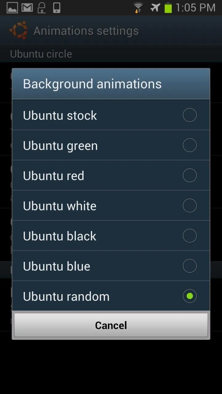 Background animation options for Ubuntu settings.