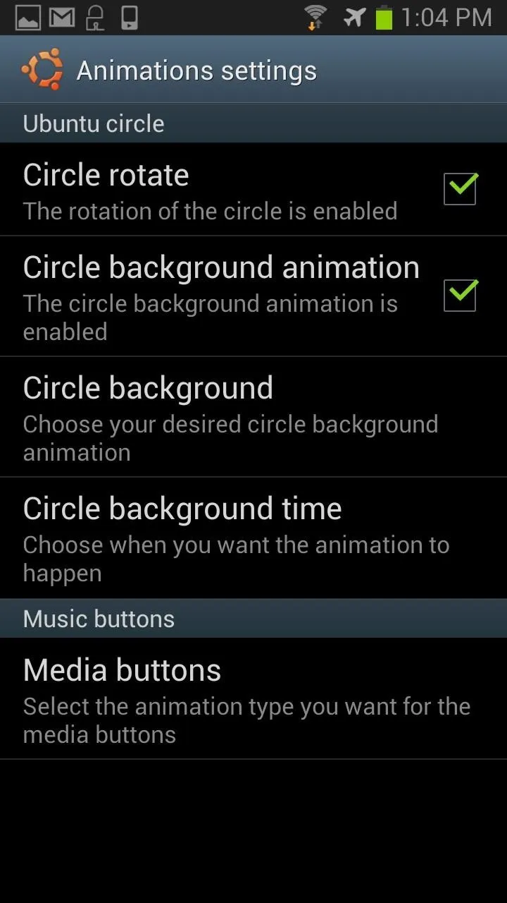 Animation settings menu on a smartphone.