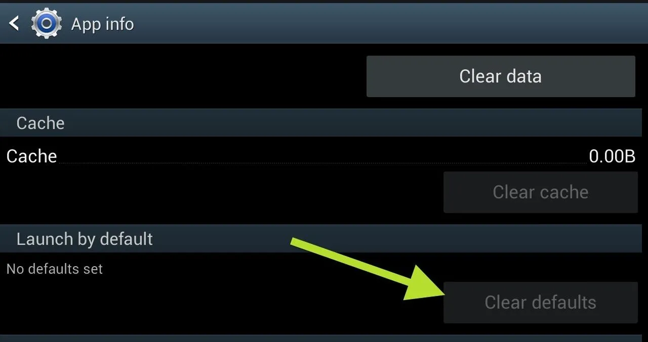 App settings screen showing options to clear data and defaults.