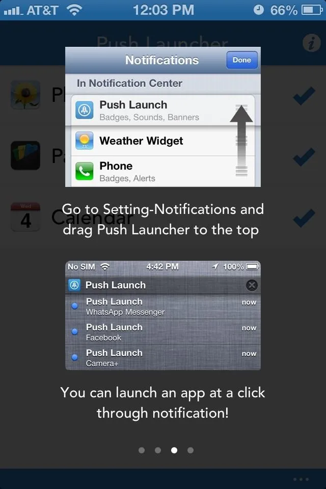 App settings interface for Push Launcher on an iPhone.