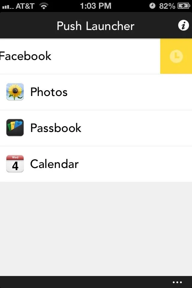 Push Launcher app interface with options for Facebook, Photos, Passbook, and Calendar.