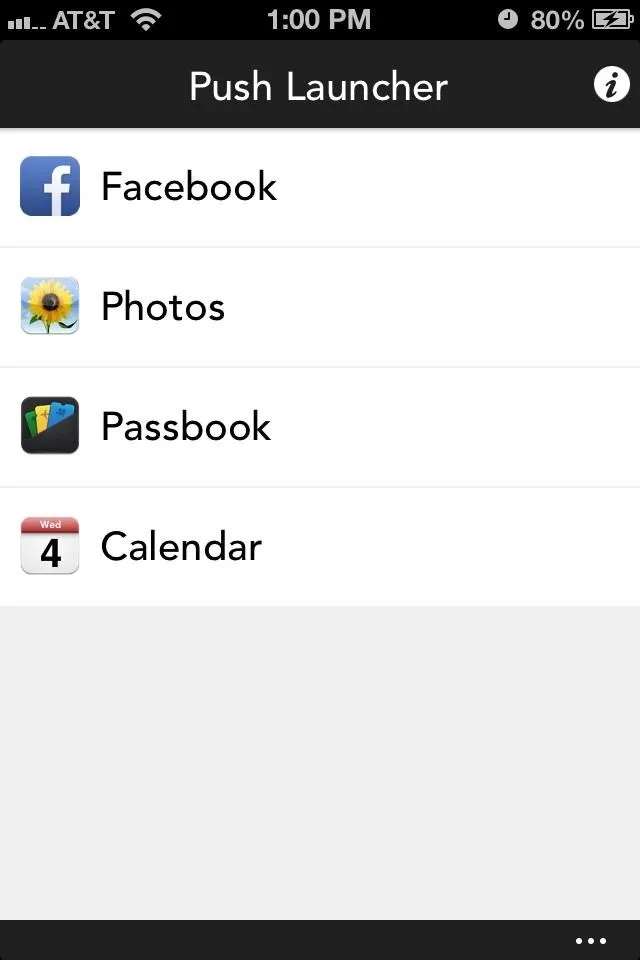 App launcher interface with icons for Facebook, Photos, Passbook, and Calendar.