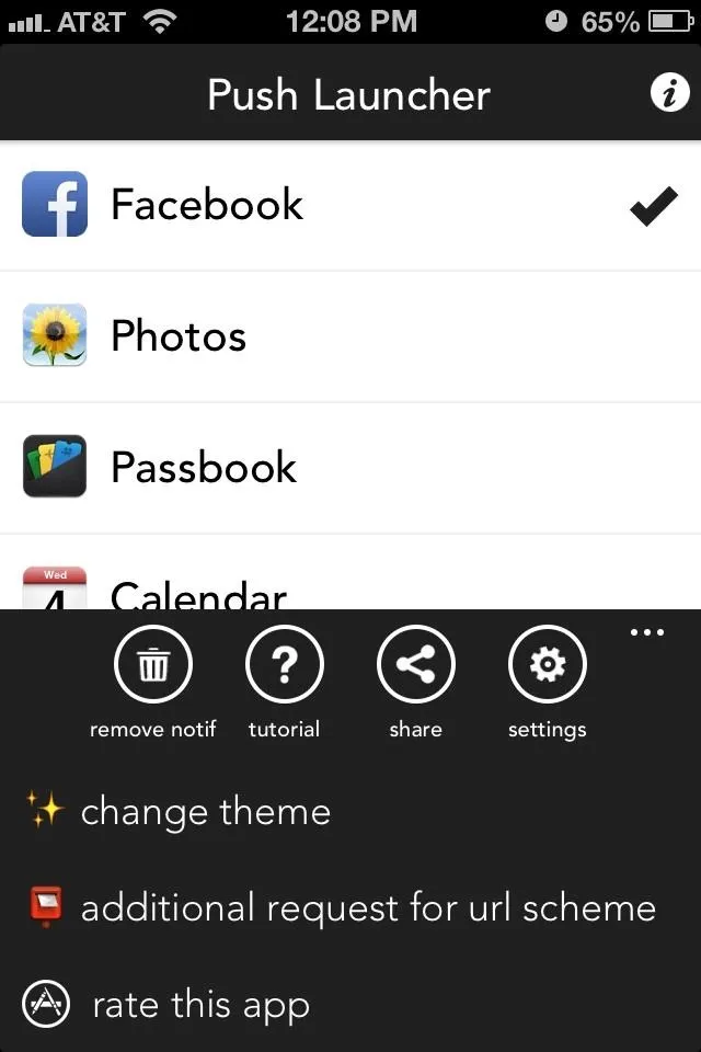 App interface showing options for Facebook, Photos, Passbook, Calendar, and settings.