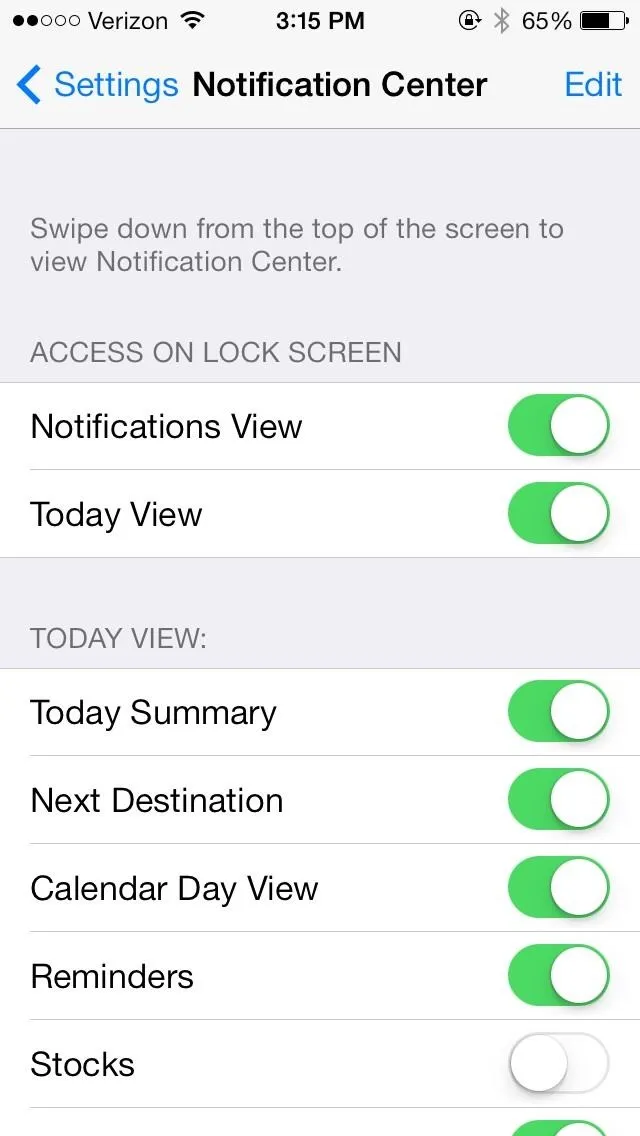 Notification Center settings on a mobile device, with options for accessing notifications on the lock screen and today's view.