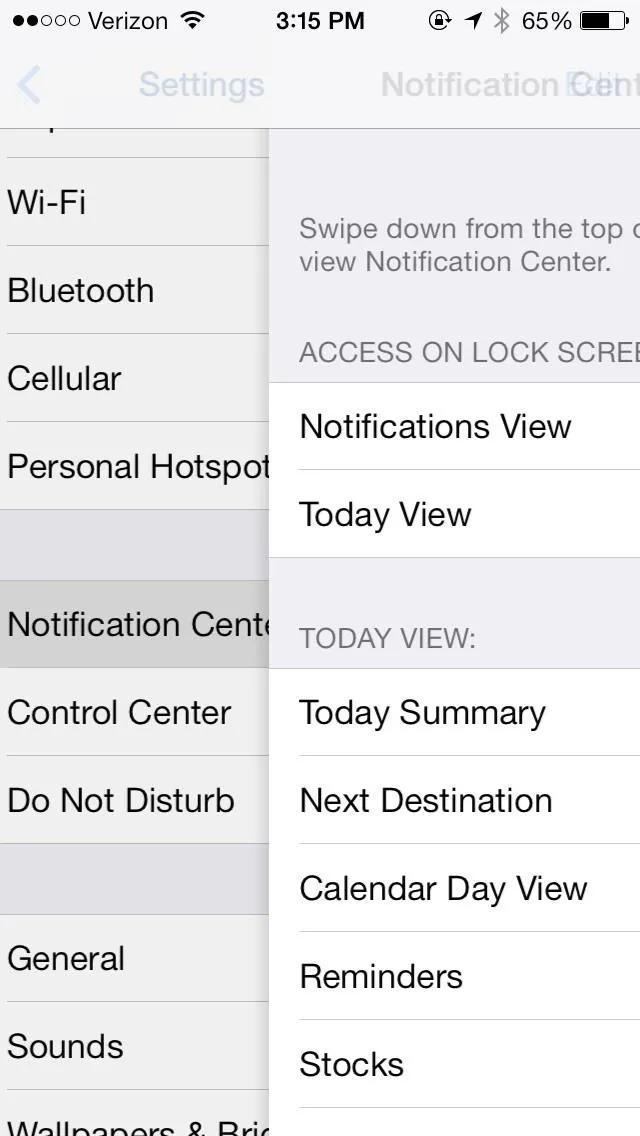 Alternative text for image: "Screenshot of a smartphone settings menu showing options for Wi-Fi, Bluetooth, Personal Hotspot, and Notification Center."