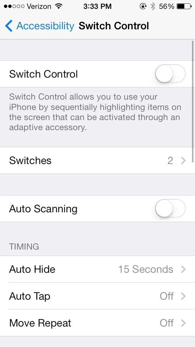 Accessibility settings on a smartphone.