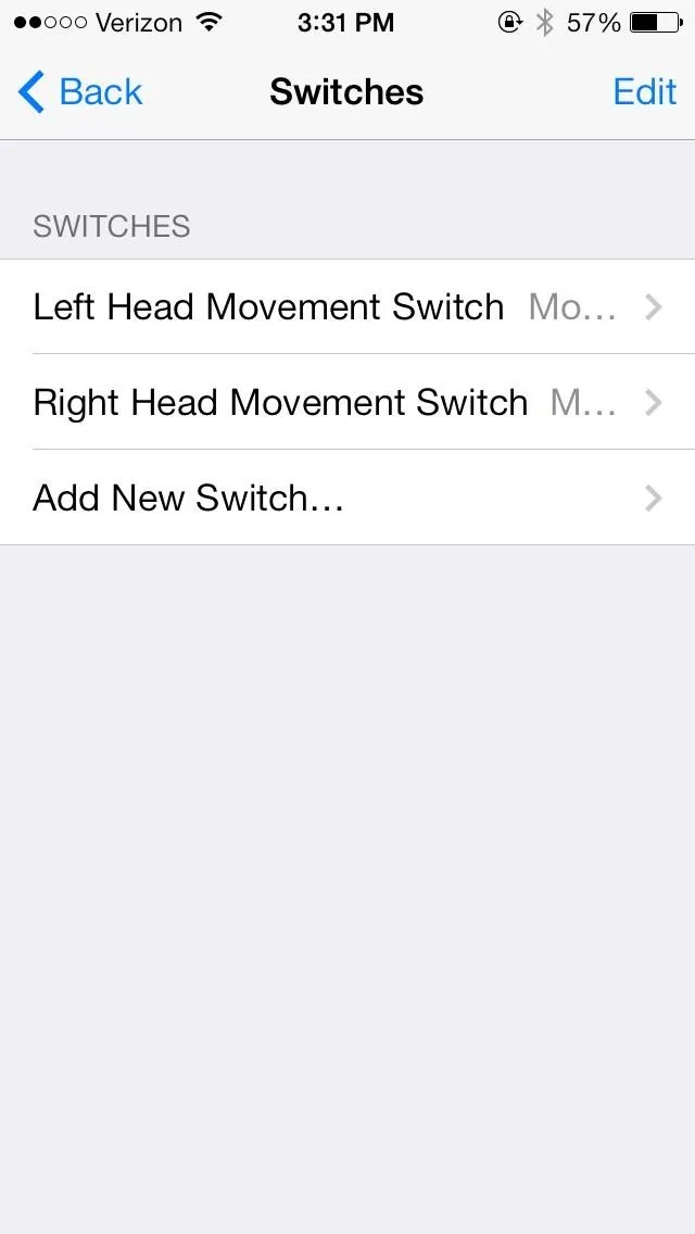 Settings screen displaying head movement switch options.