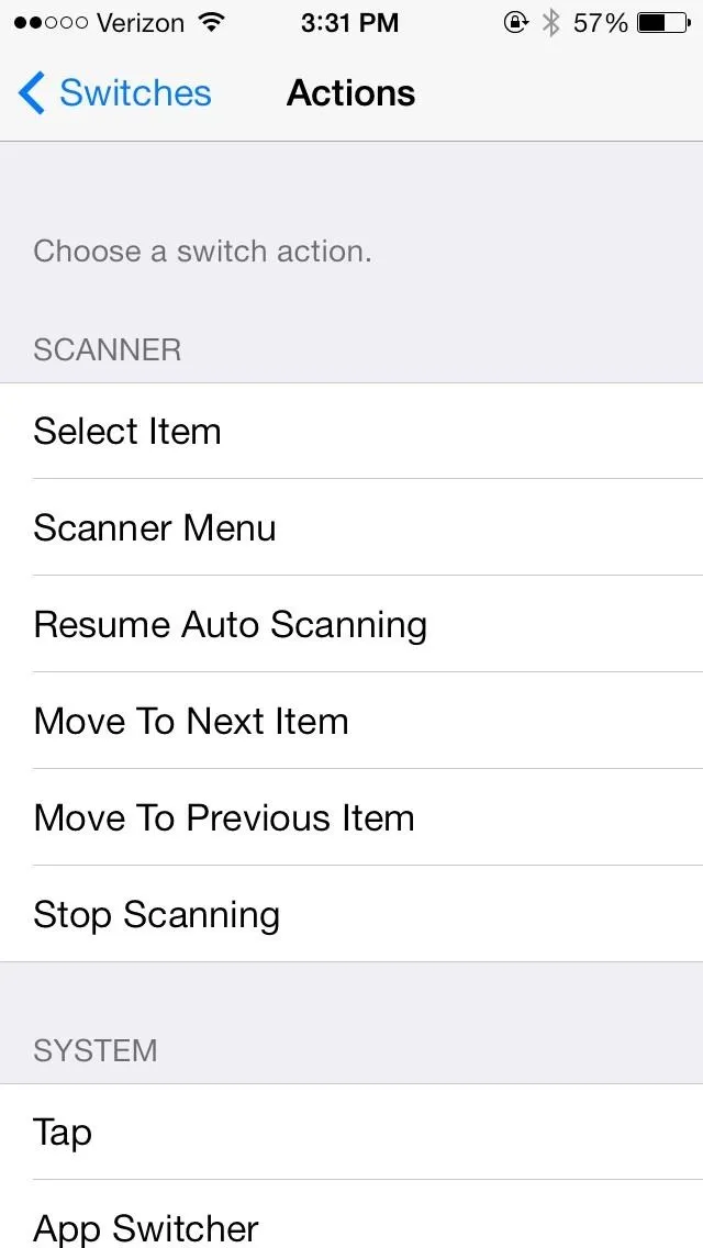 Settings menu with options for scanner actions on a mobile device.