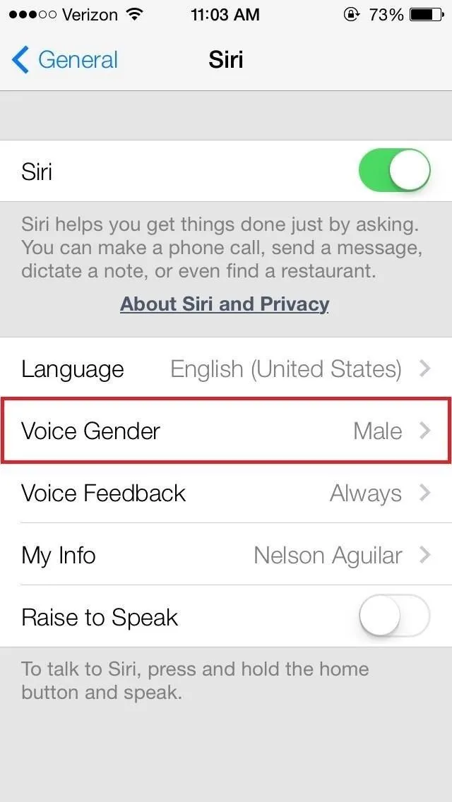 Settings menu on a smartphone displaying voice gender options.