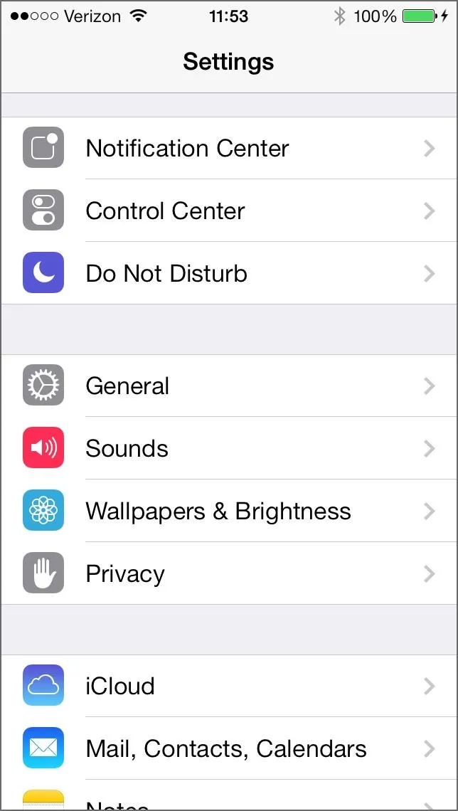 Settings menu on an iPhone displaying various options such as Notification Center, Do Not Disturb, General, Sounds, and Privacy.