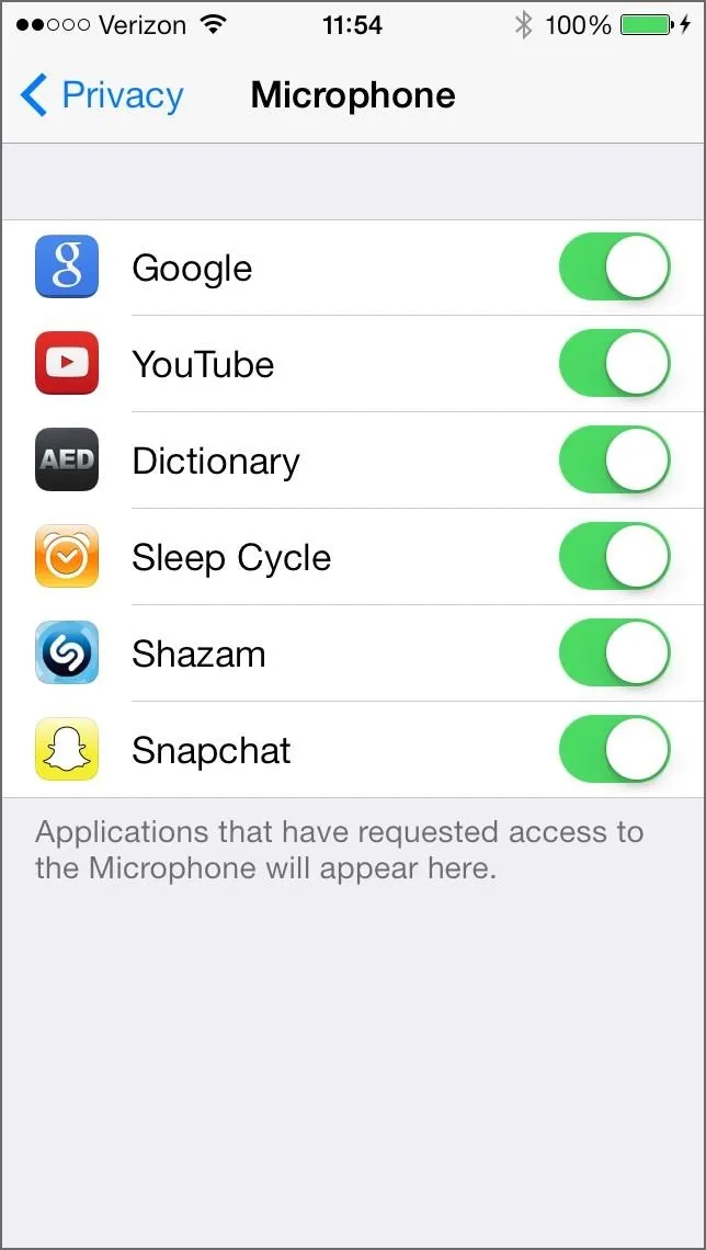 Microphone settings on a smartphone app with toggle options for various applications.