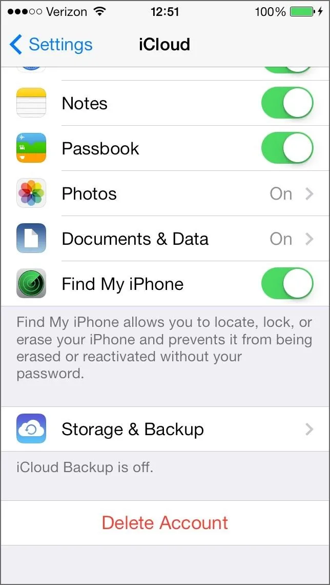 iCloud settings menu displaying options for Notes, Photos, Find My iPhone, and Storage & Backup.