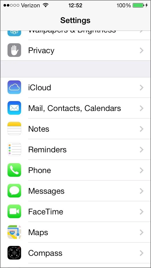 iPhone settings menu showing options for Privacy, iCloud, Mail, Contacts, Calendars, Reminders, Phone, Messages, FaceTime, Maps, and Compass.