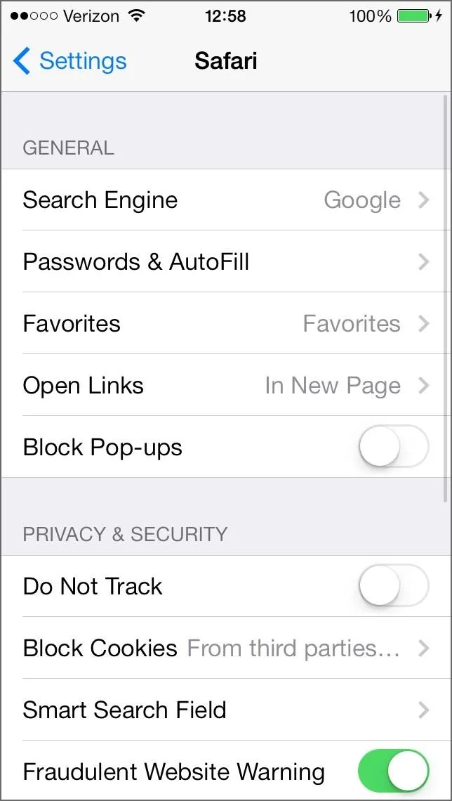 Settings menu on a smartphone displaying privacy and security options.