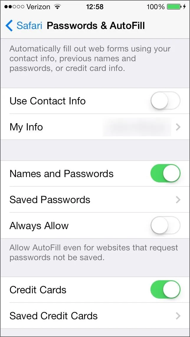 Settings screen for managing passwords and autofill options on a mobile device.