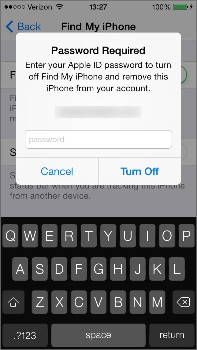 Password entry screen for disabling Find My iPhone on an Apple device.