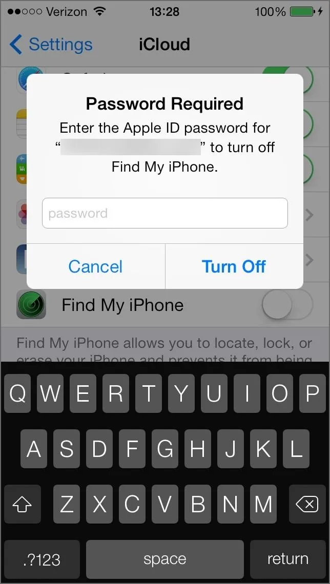 Password prompt for Apple ID in iCloud settings.