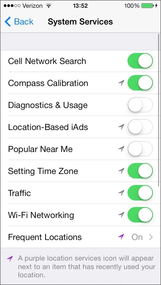 System services settings on a mobile device with options for various features and permissions.