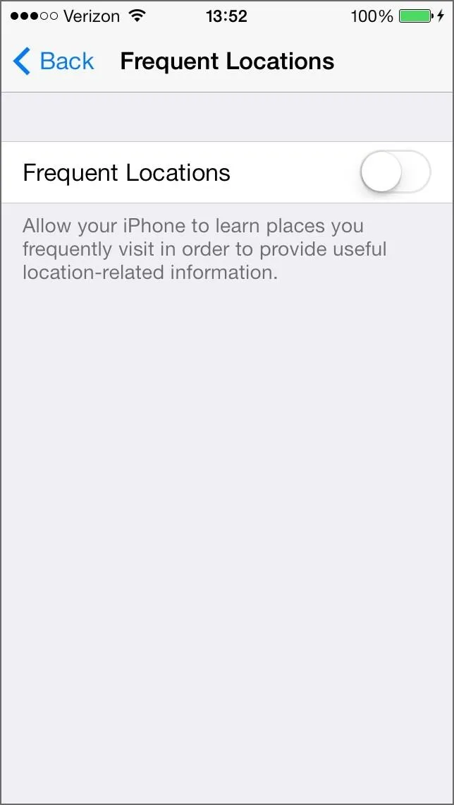 Frequent Locations settings screen on an iPhone.