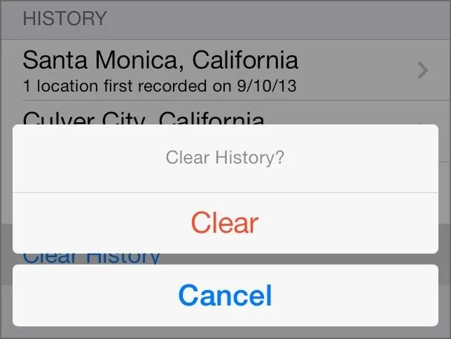 A mobile application interface displaying a location history with options to clear history or cancel.