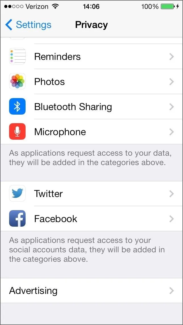 Privacy settings screen on a smartphone displaying app permissions.