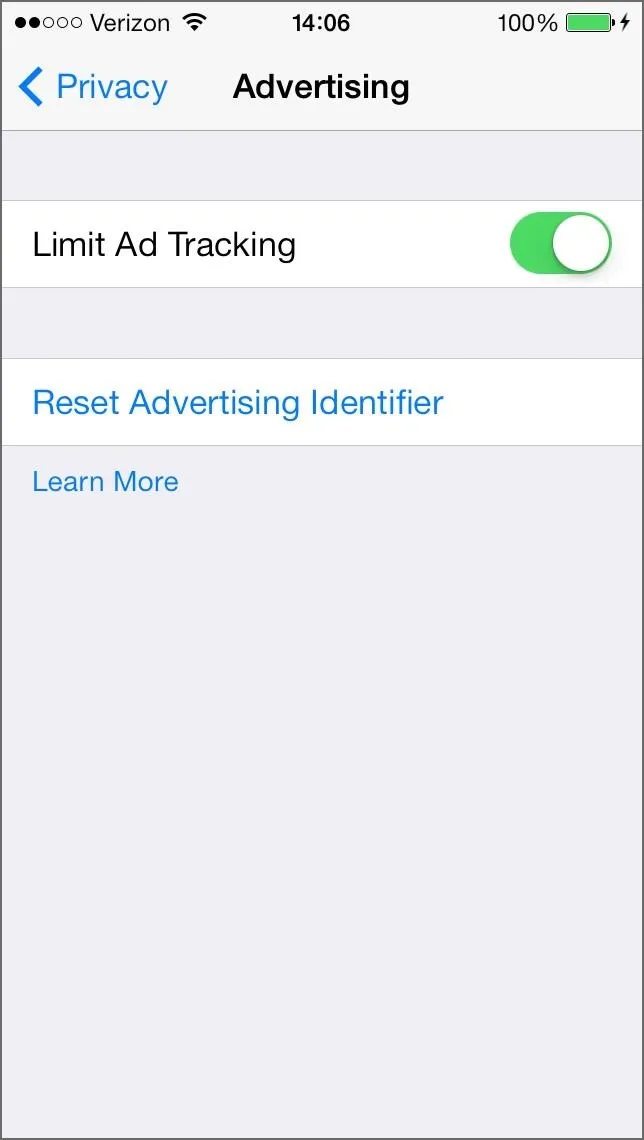 Settings screen for limiting ad tracking on a smartphone.