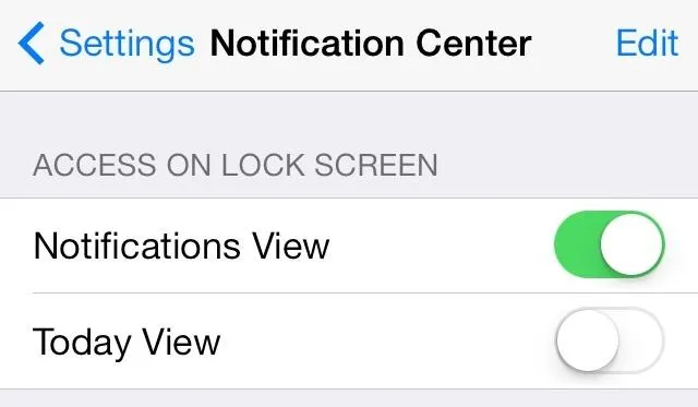 Settings menu showing Notification Center options on a mobile device.