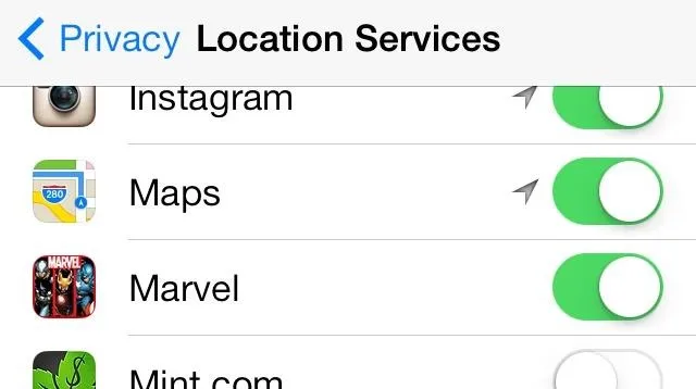 Location services settings on a mobile device showing enabled apps.