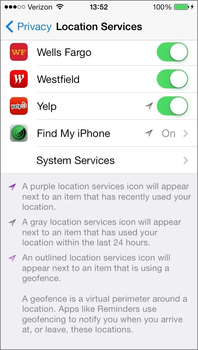 Privacy settings for location services on a smartphone.