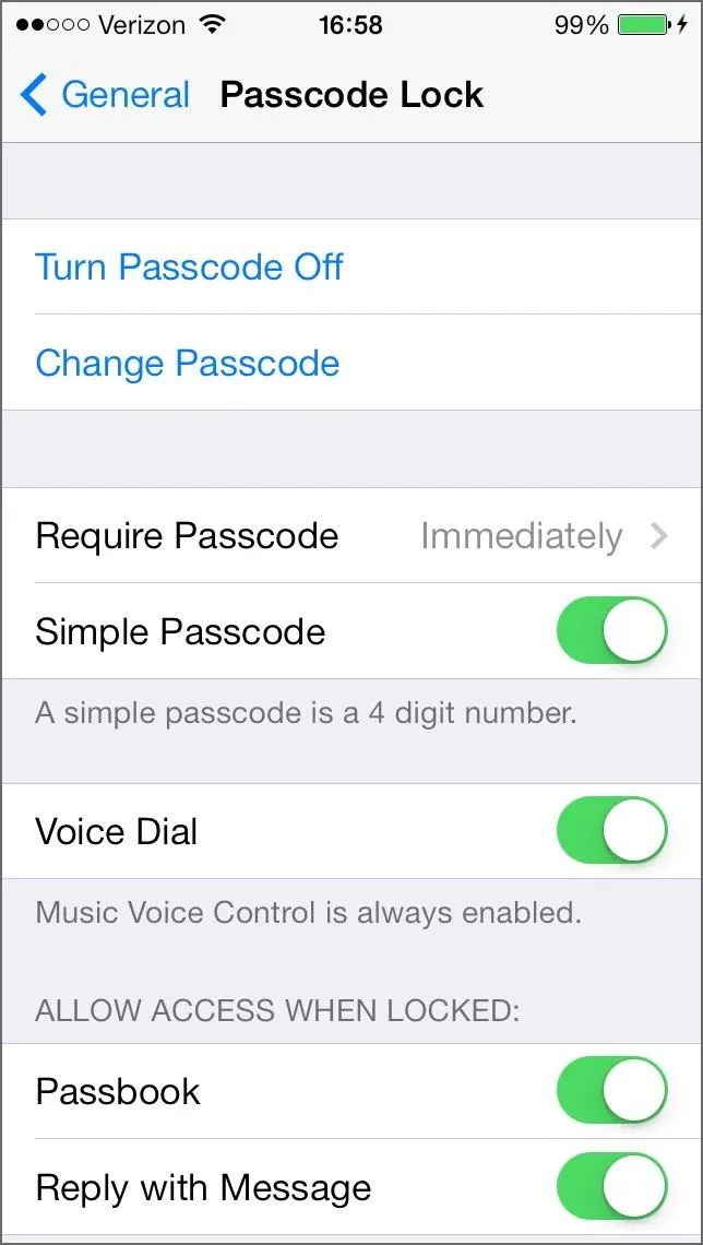 Passcode lock settings on a smartphone.