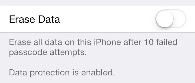 iPhone settings for erasing data after 10 failed passcode attempts.