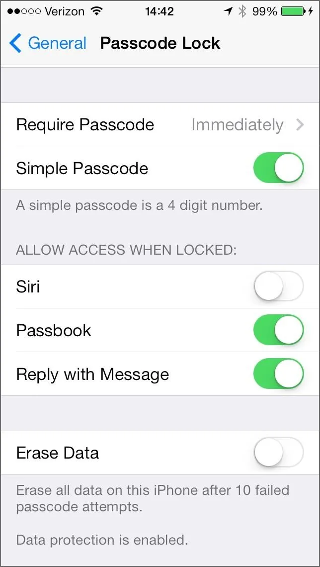 Settings screen showing passcode lock options on a smartphone.