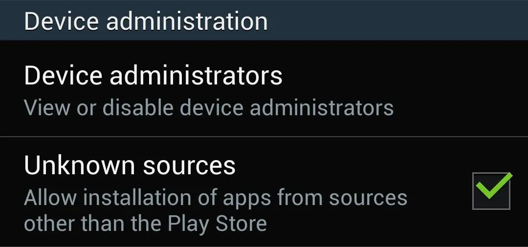 Device administration settings with options for managing device administrators and allowing app installations from unknown sources.