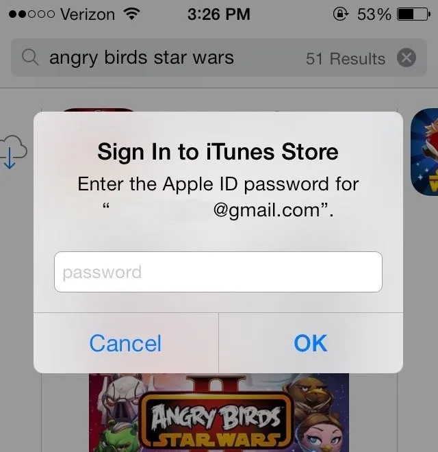 Sign-in prompt for iTunes Store requesting Apple ID password.