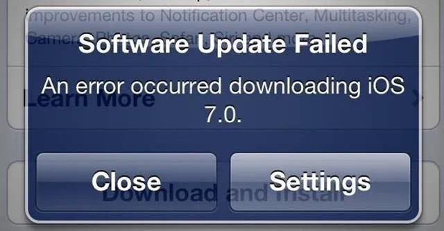 Software update error message for iOS 7.0