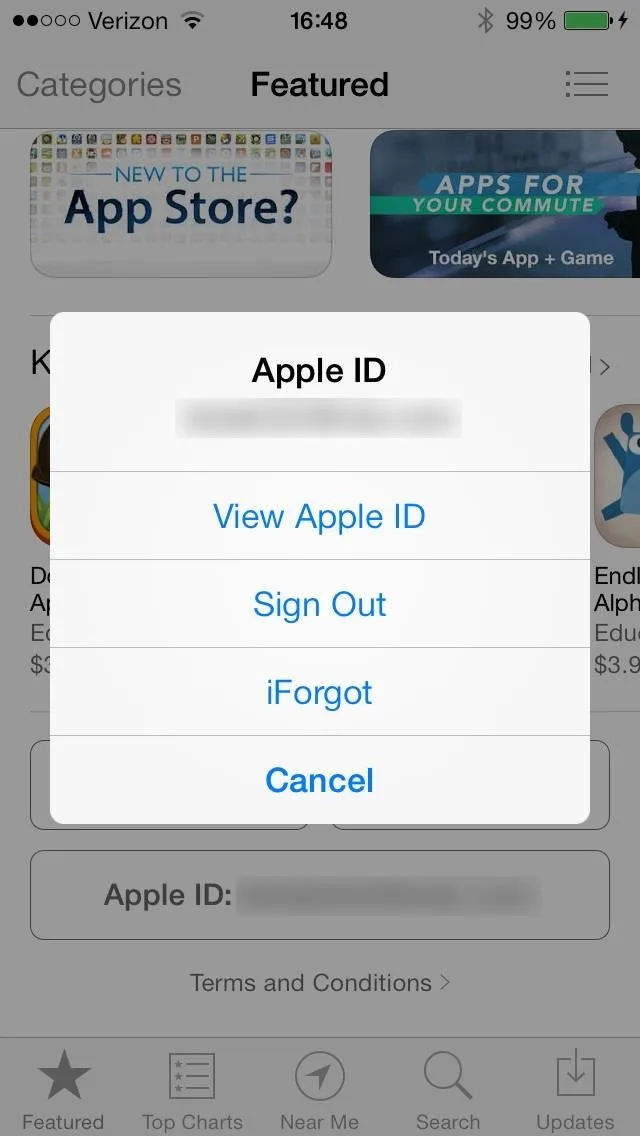 Apple ID options menu on an iPhone.