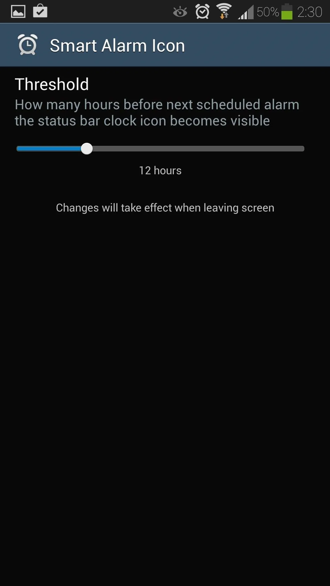Smart Alarm icon settings interface with a threshold slider.
