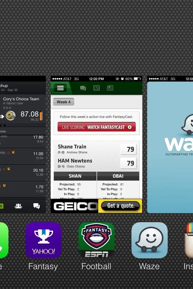 Screenshot of a mobile device displaying various app icons including sports, messaging, and weather applications.