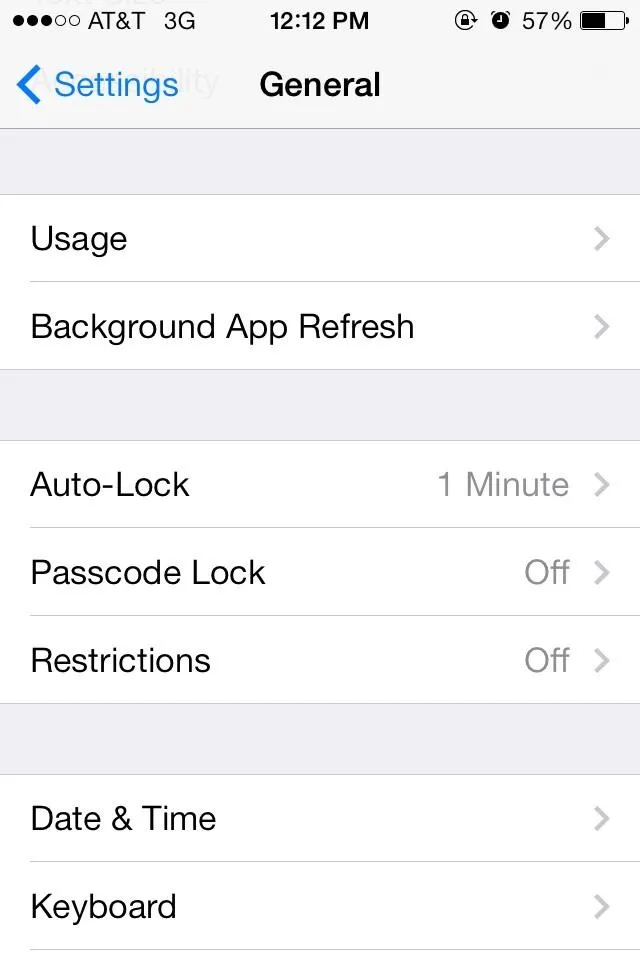 Settings menu on a mobile device showing the General options.