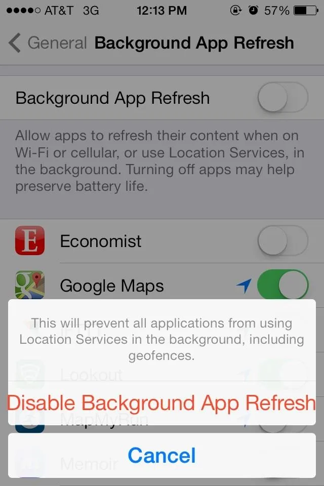 Background App Refresh settings on a mobile device.