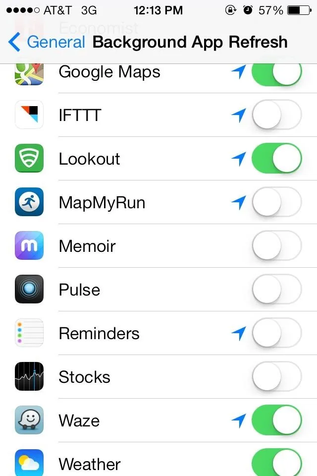 Background App Refresh settings on an iPhone displaying various app options.