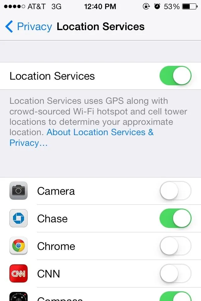 Location Services settings on a mobile device.