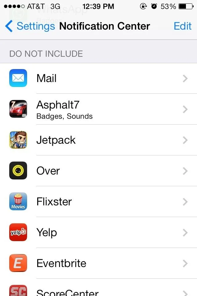 Settings menu for Notification Center on a mobile device.