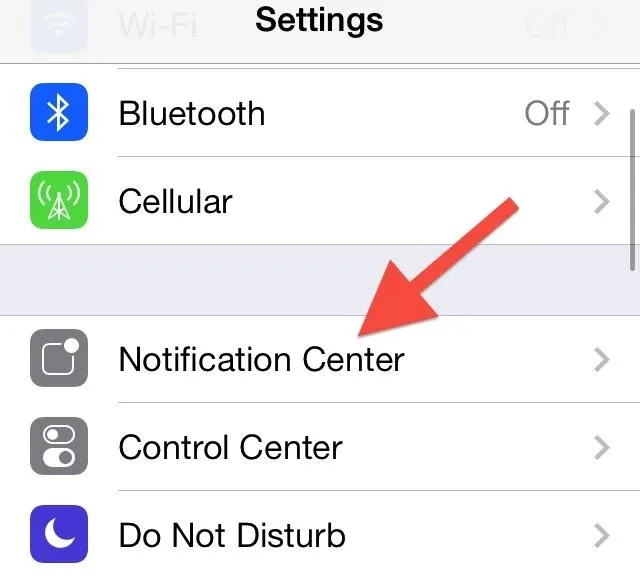 Settings menu on a mobile device highlighting the Notification Center option.