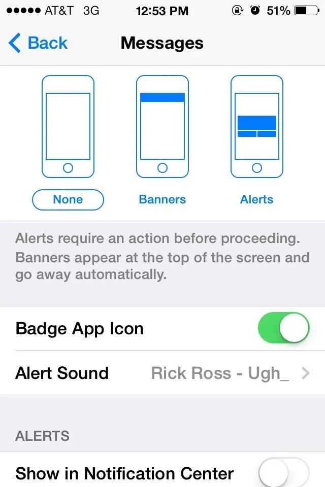 Mobile phone messaging settings interface.