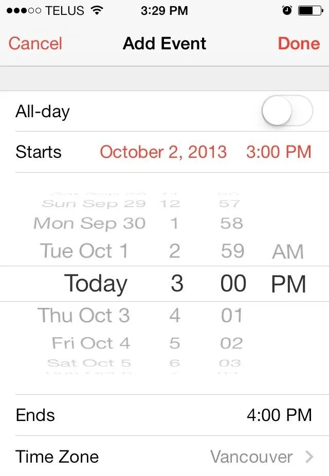 Event scheduling interface with date and time settings.