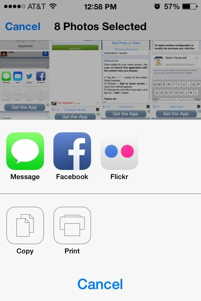 Screenshot of a mobile device showing selected photos with sharing options for Messages, Facebook, and Flickr.