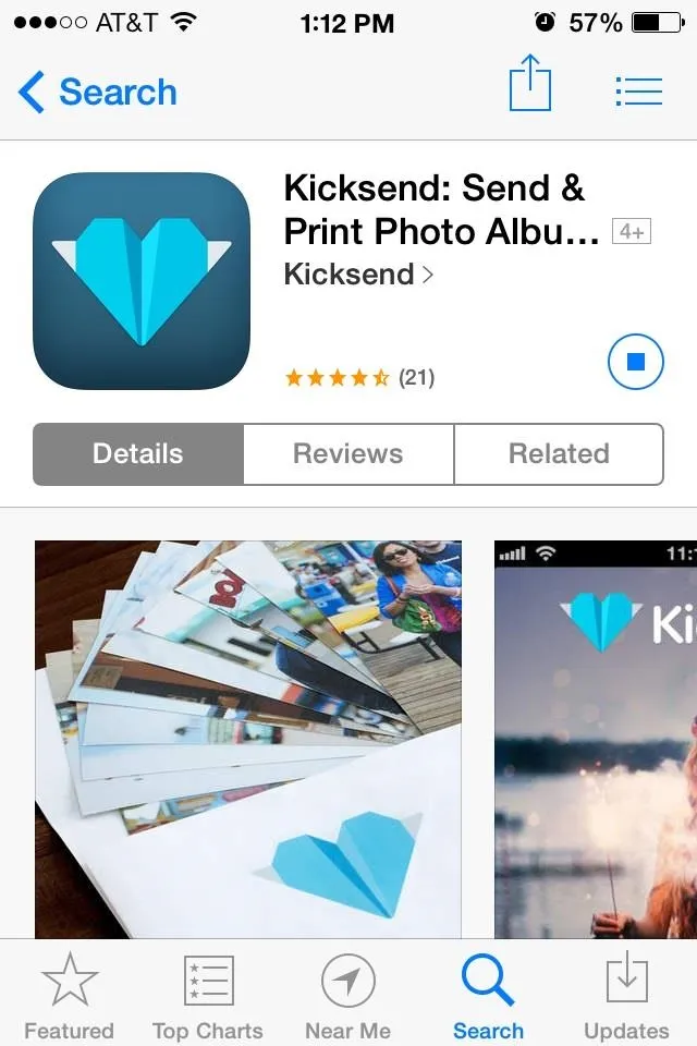 Kicksend app icon with photo album images displayed on a smartphone screen.