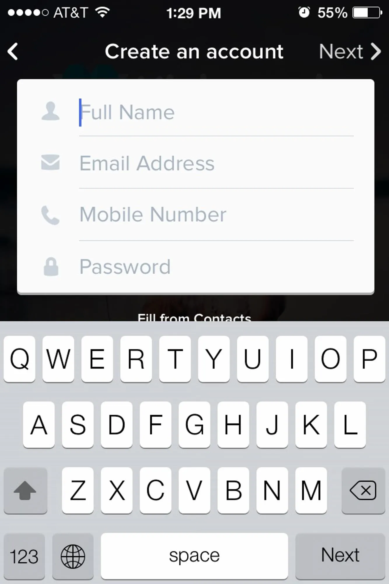 Create an account form with fields for name, email, mobile number, and password on a smartphone screen.